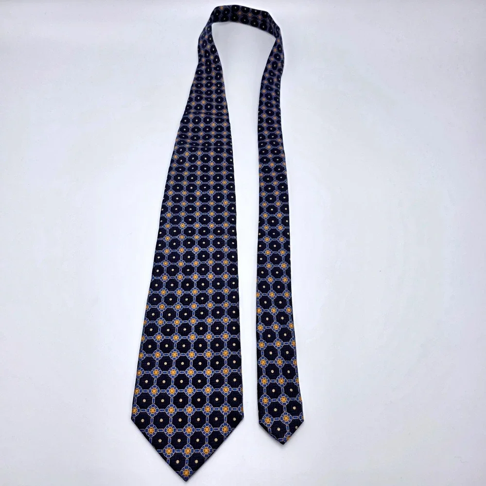 Wartsila Melissa Group Navy Blue Gold Silk Geometric Medallion Tie Made in Italy